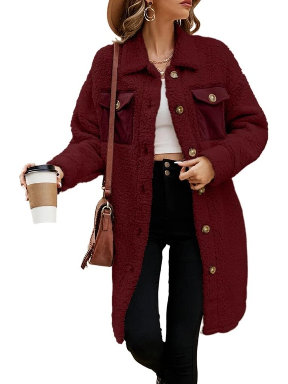 Women's Red 100% Polyester Warm Faux Fuzzy Fleece Button Down Long Teddy Coat